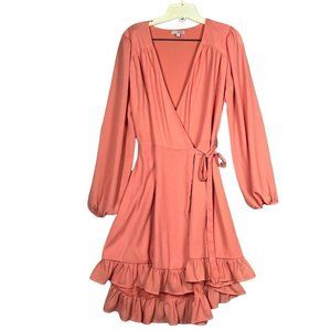 GB Gianni Bini Tie-Waist Ruffle High-Low Hem Wrap Dress Peach color Size M